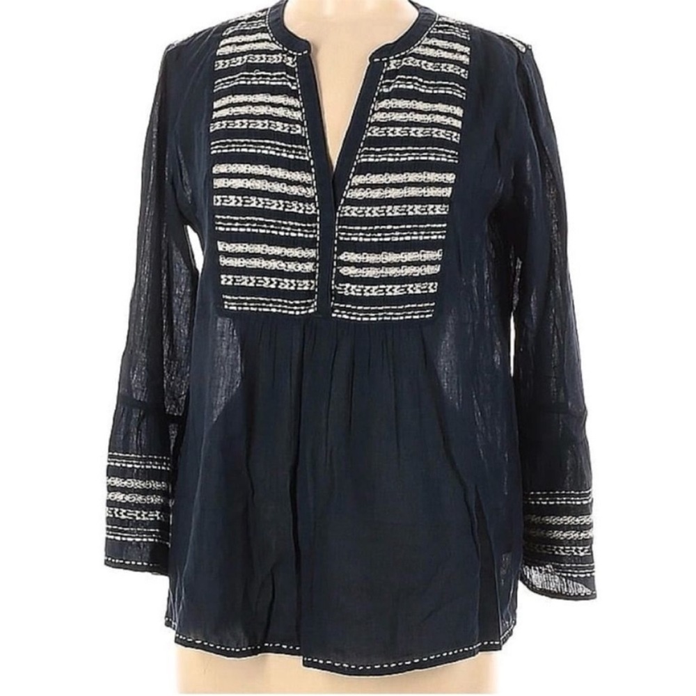 Velvet by Graham & Spencer Top, 3/4 Sleeve Embroidered Navy Blue Cotton, Medium